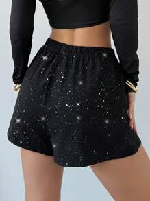 SHEIN Privé 全新休闲百搭性感派对优雅别致黑色亮片高腰宽松短裤，适合春夏演唱会狂欢女式短裤 - 黑色 - 查看 3