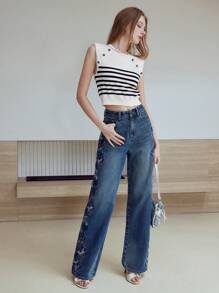 MOTF STUDIO STRIPED BUTTON DECOR SWEATER