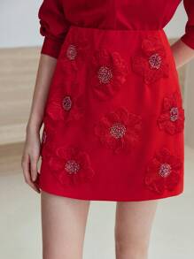 MOTF STUDIO FLOWER APPLIQUES ZIPPER SKIRT - Red - View 5