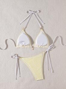 SHEIN Swim Bikini tam giác khoét sâu màu trơn vỏ sò và ngọc trai Springbreak dành cho nữ - Màu vàng - Xem 2