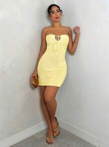 Glamine Vestido de suéter ajustado de canalé con corbata de lazo en la cintura, elegante, para mujer, primavera/verano