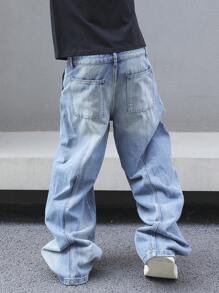 Manfinity EMRG 男士口袋阔腿宽松休闲百搭牛仔裤 - 淺色水洗藍 - 查看 2