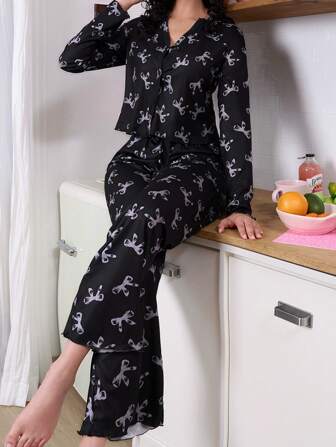 SweetSlumber 달콤하고 신선한 활 프린트 전체 패턴 여성 잠옷 파자마 세트, Ins 스타일, 가을 겨울 옷