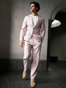 HIMLAND Bộ đồ vest kẻ sọc ôm vừa vặn cho nam, phù hợp cho mùa thu - Bụi hồng - Xem 6