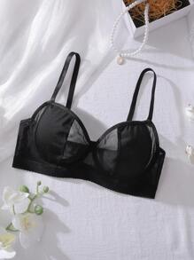 Minimalistic Sheer Mesh Patchwork Underwired 3/4 Cup Lingerie Bra In Black For Women - Black - View 6