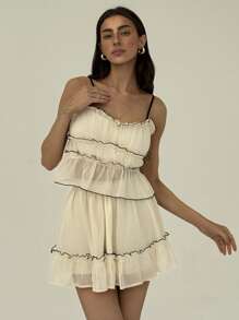 Aloruh 杏色度假短款吊带背心，搭配撞色饰边和同款迷你裙，适合春夏季 - 杏色 - 查看 4