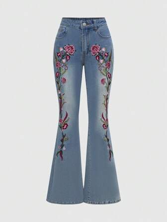 Fairycore Jeans évasés femme à broderie florale rétro