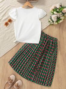 Tween Girls Cute Local Rose Ditsy Floral Maxi Skirt With Pleats, 2 Pieces Set - Dark Green - View 2