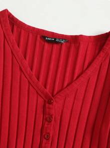SHEIN EZwear V Neck Button Front Ribbed Top