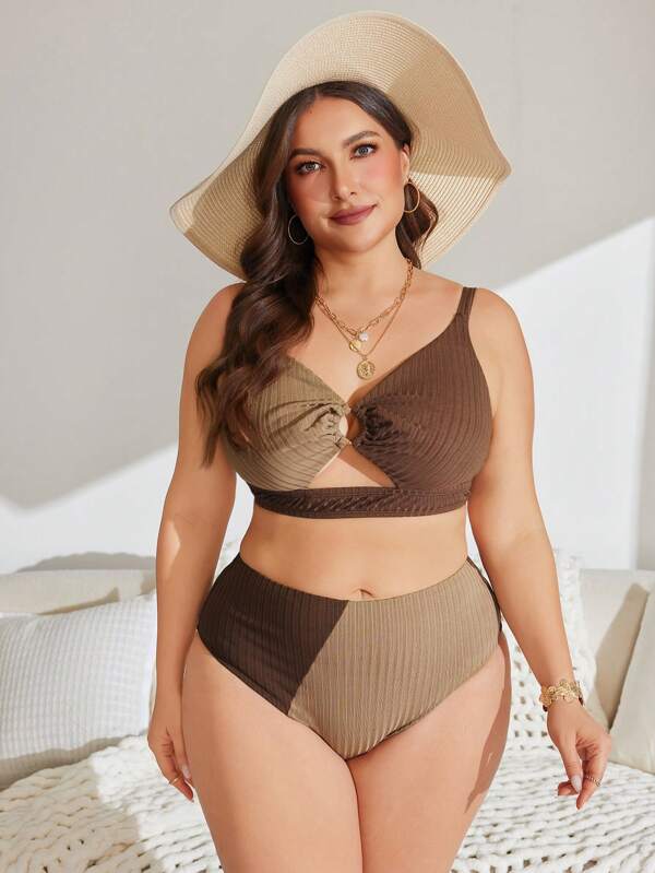 3 Pcs Plus Size Women's Ribbed Color-Block Casual Vacation Swimwear For Summer