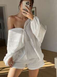 SHEIN Unity Kvinnors vår/sommar Casual Vacation Mångsidig skir Lantern ärm V-ringad lång skjorta - Vitt - Visa 5