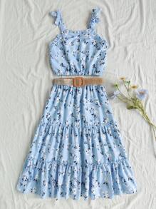 SHEIN Tween Girls 2pcs Light Blue Summer Casual Vacation Holiday Ditsy Floral Retro Bowknot Spaghetti Strap Camisole & Elasticated Waist Wide Flared Skirt - Blue - View 1