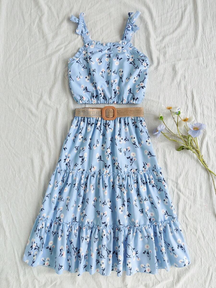SHEIN Tween Girls 2pcs Light Blue Summer Casual Vacation Holiday Ditsy Floral Retro Bowknot Spaghetti Strap Camisole & Elasticated Waist Wide Flared Skirt - Blue - View 1