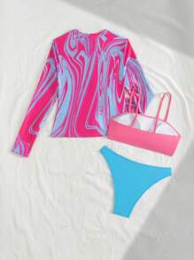 Swim SPRTY Set de 3 piezas compuesto por chaqueta con cremallera + conjunto de bikini de mujer, con estampado aleatorio, apto para verano, playa, natación, deportes, surf, festivales, estilo bohemio