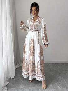 Elenzga Women's New Fashion Palace Retro Print Dress, High-End Retro Palace French Wrap Style V-Neck Waist Gathering Flared Long Lantern Sleeve Lightweight Luxurious Casual Elegant Resort Fit And Flared Dress Fall Cloth For Women