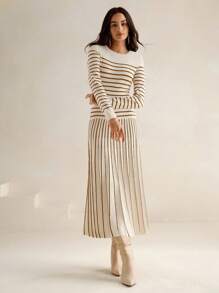 Anewsta Women's Elegant Striped Knitted Maxi Pleated Dress, Autumn/Winter - Maroon - View 8