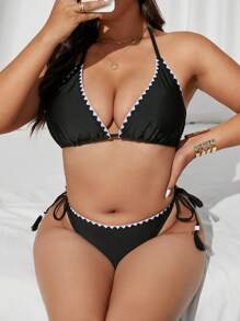 SHEIN Swim Curve 2pcs Plus Size Women Solid Color Halter 3-Point Cup Split Bikini Swimwear Set, Sexy & Elegant For Beach For Summer Beach Vacation - Black - View 3