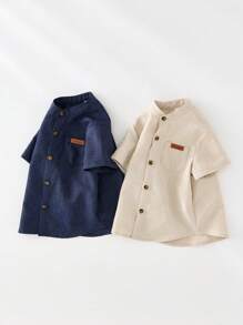 SHEIN 2件装年轻男童休闲日韩版干净彩色立领宽松梭织衬衫两色各一件或两件套，适合上学、居家、度假、运动穿着，适合春夏季节，买1件送1套，买2件超值划算，适合送礼 - 彩色 - 查看 6