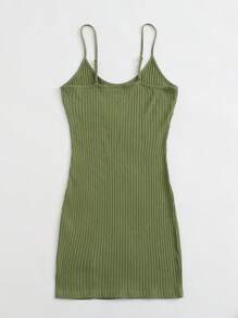 SHEIN EZwear Summer Outing Split Hem Rib-Knit Solid Dress - Army Green - View 2