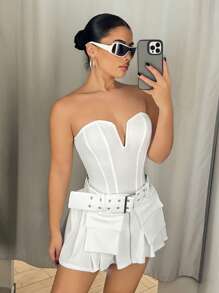 SHEIN ICON Tube Top V-Neck Belted Pleated Mini Dress With Attached Belt - White - View 4