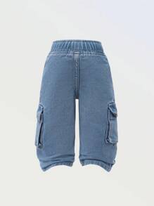 Denimly Baby Girl Casual Daily Urban Street Full Elastic Waistband Drawstring Functional Pencil Pocket Denim Pants - Medium Wash - View 2