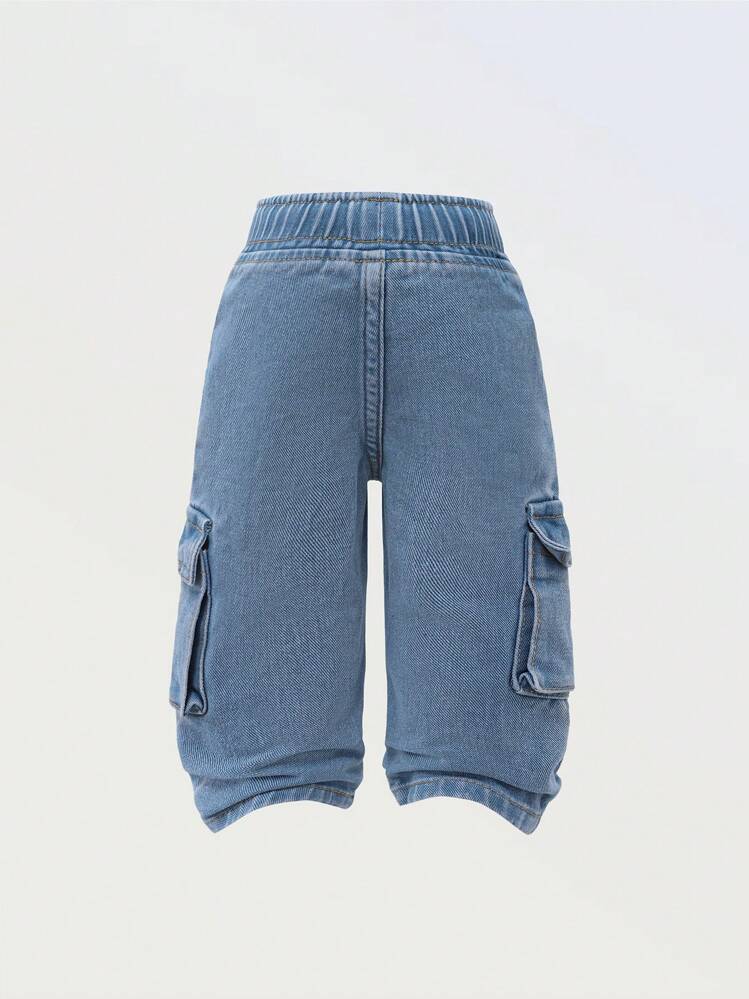 Denimly 女童休闲日常都市街头全松紧腰带抽绳功能性铅笔口袋牛仔裤 - 中等水洗藍 - 查看 2