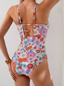 SHEIN Swim 1pc Women's Sweet And Adorable Colorful Daisy Print One Piece Swimsuit For Summer Beach Vacation - Multicolor - View 2