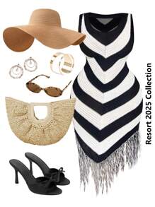 Slaydiva فستان كنزة ذو رقبة على شكل حرف V وأطراف متدلية، بلون أبيض وأسود عصري، موسم 2025 ، تصميم كاجوال محدود البساطة، مقاسات كبيرة