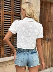 Chiquease 女士度假休闲纯色花卉刺绣泡泡袖上衣 - 白色 - 查看 2