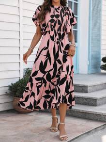 SHEIN Clasi Allover Print Ruffle Sleeve Vacation Beach Dress