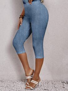 EMERY ROSE 2pcs/Set Plus Size Women Casual Patchwork Denim Effect T-Shirt And 3/4 Leggings Set, Summer