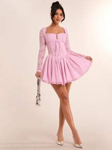 SHEIN BAE Elegant Red Lace Splice Long Sleeve Bodycon Mini Dress, Suitable For Graduation, Formal, Cocktail Party, Romantic Date, Autumn/Winter Layering, Party, Clubbing, Bridesmaid, Night Out, Halloween, Christmas