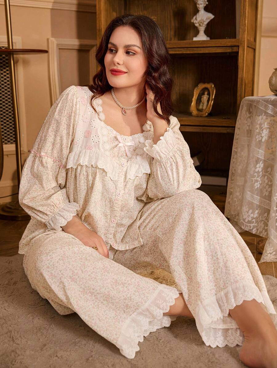 Floral Embroidered Vintage Lace Square Collar Ditsy Ditsy Floral Cardigan With Bell Sleeves Pajamas Set, Plus Size - Multicolor - View 1