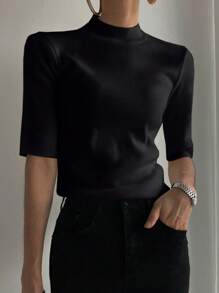 Strévra Women's Semi-Turtleneck Waist Fitted 3/4 Sleeve Sweater Top Y2k Fall - Black - View 4