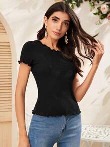 SHEIN EZwear Lettuce Trim Rib-knit Tee - Black - View 4