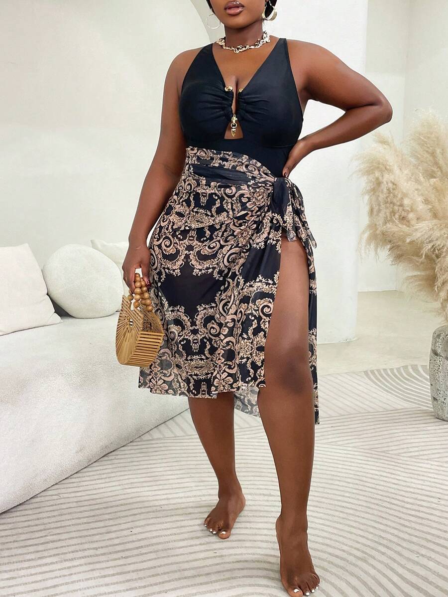 Swim Lushoire Plus Size Women Plain Color V-Neck Hollow Out Metallic Buckle Criss-Cross Waist Rouched One-Piece Swimsuit, For Swimming Pool, Leisure, Beach For Summer Beach Vacation - Black - View 1