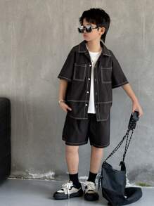 SHEIN Leap Crew 2pcs/Set Tween Boys Korean Style Casual Contrast Collar Pocket Shirt & Elastic Waist Shorts, Suitable For Outings, School, Holiday, Home, Sports, Spring/Summer - Black - View 1