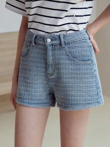 MOTF STUDIO Pantalones cortos vaqueros con bolsillo en ángulo y botones - Azul - Ver 5