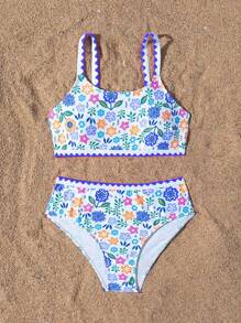Tween Girl Ditsy Floral Printed Two Pieces Swimwear Set, Pink, Sweet & Fashionable Style Suitable For Any Occasions, Spring & Summer - Blue - View 5
