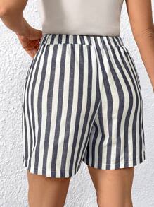 SHEIN LUNE Plus Size Women's Casual Simple Textured Vertical Stripe Elastic Waist Pocket Shorts - Blue and White - View 2