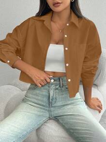 EMERY ROSE 随机花卉图案简约时尚休闲日常纯色长袖衬衫 - 棕色 - 查看 5