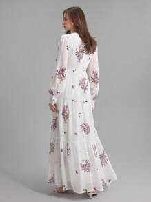 Ontre Vestido elegante de gasa rosa con estampado floral y mangas de farol románticas
