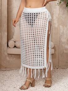 SHEIN Swim Curve Plus Size Ladies Beach Resort Style Drawstring Tassel Hollow Out Skirt For Summer Beach Vacation - White - View 1