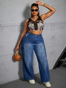 SHEIN SXY 大码前扣口袋简约设计休闲牛仔裤 - 藍色 - 查看 4