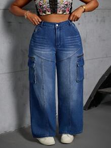 SHEIN SXY 大码前扣口袋简约设计休闲牛仔裤 - 藍色 - 查看 6