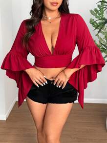 Breezaya Women's Slim Fit Deep V-Neck Ruffle Sleeve Plus Size Blouse, Summer, Spring Break - Burgundy - View 6