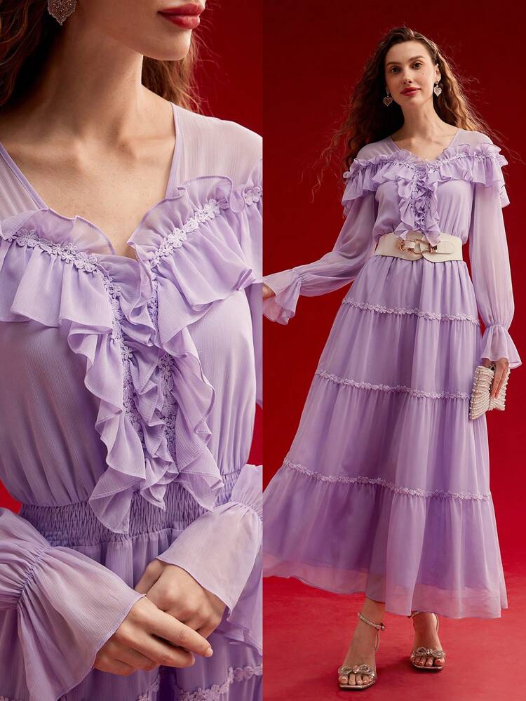 CONTRAST LACE FLOWY RUFFLE TRIM DRESS,VALENTINE'S DAY OUTFIT,SPRING/SUMMER