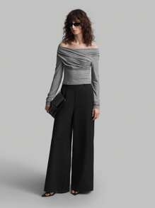 Ontre 2025 New Women's Long Sleeve Solid Grey Crossover Off Shoulder Pleated Fitted Top, Spring/Summer Holiday Clothing, Valentine's Day