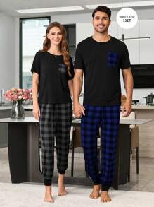Contrast Plaid Print Patch Pocket Short Sleeve & Long Pants Men Pajama Set - Blue - View 6