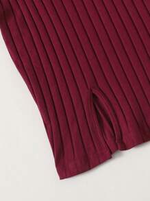 SHEIN EZwear Split Hem Rib Knit Dress - Maroon - View 4